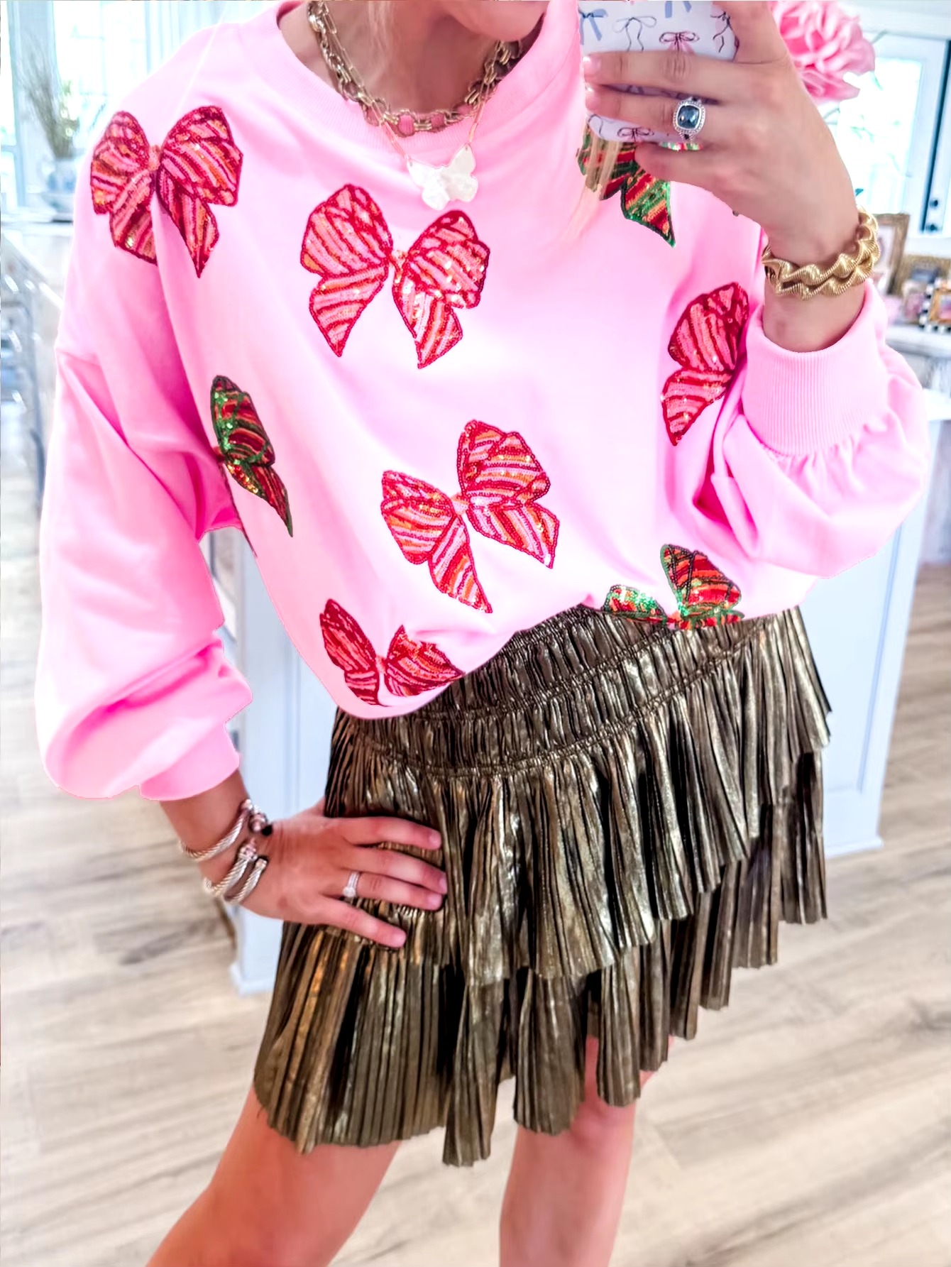 Butterfly Bow Sequin Round Neck Loose Casual Long Sleeved Sweatshirt - Image 4