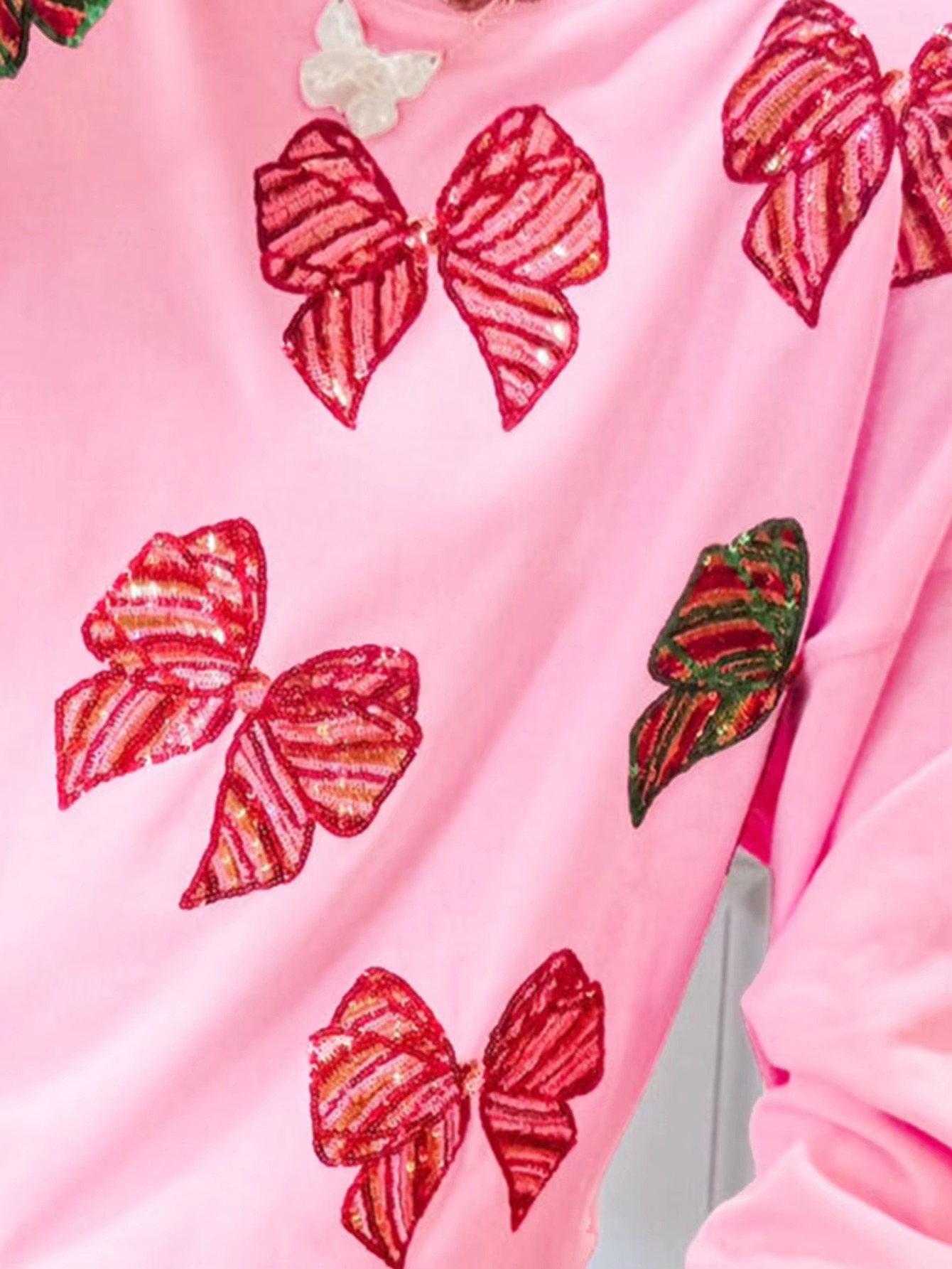 Butterfly Bow Sequin Round Neck Loose Casual Long Sleeved Sweatshirt - Image 6
