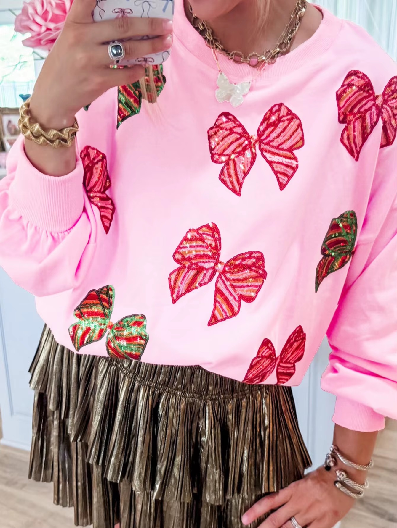 Butterfly Bow Sequin Round Neck Loose Casual Long Sleeved Sweatshirt - Image 5