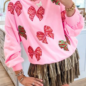 Butterfly Bow Sequin Round Neck Loose Casual Long Sleeved Sweatshirt