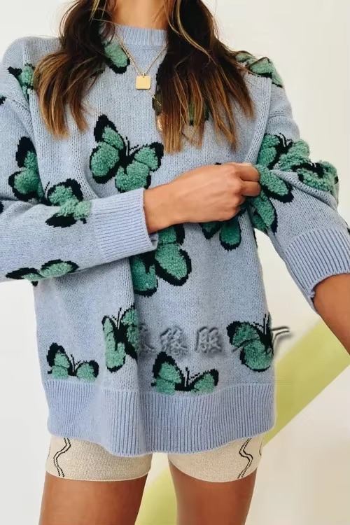 Butterfly Printed Crew Neck Large Size Knitted Pullover Sweater - Image 7