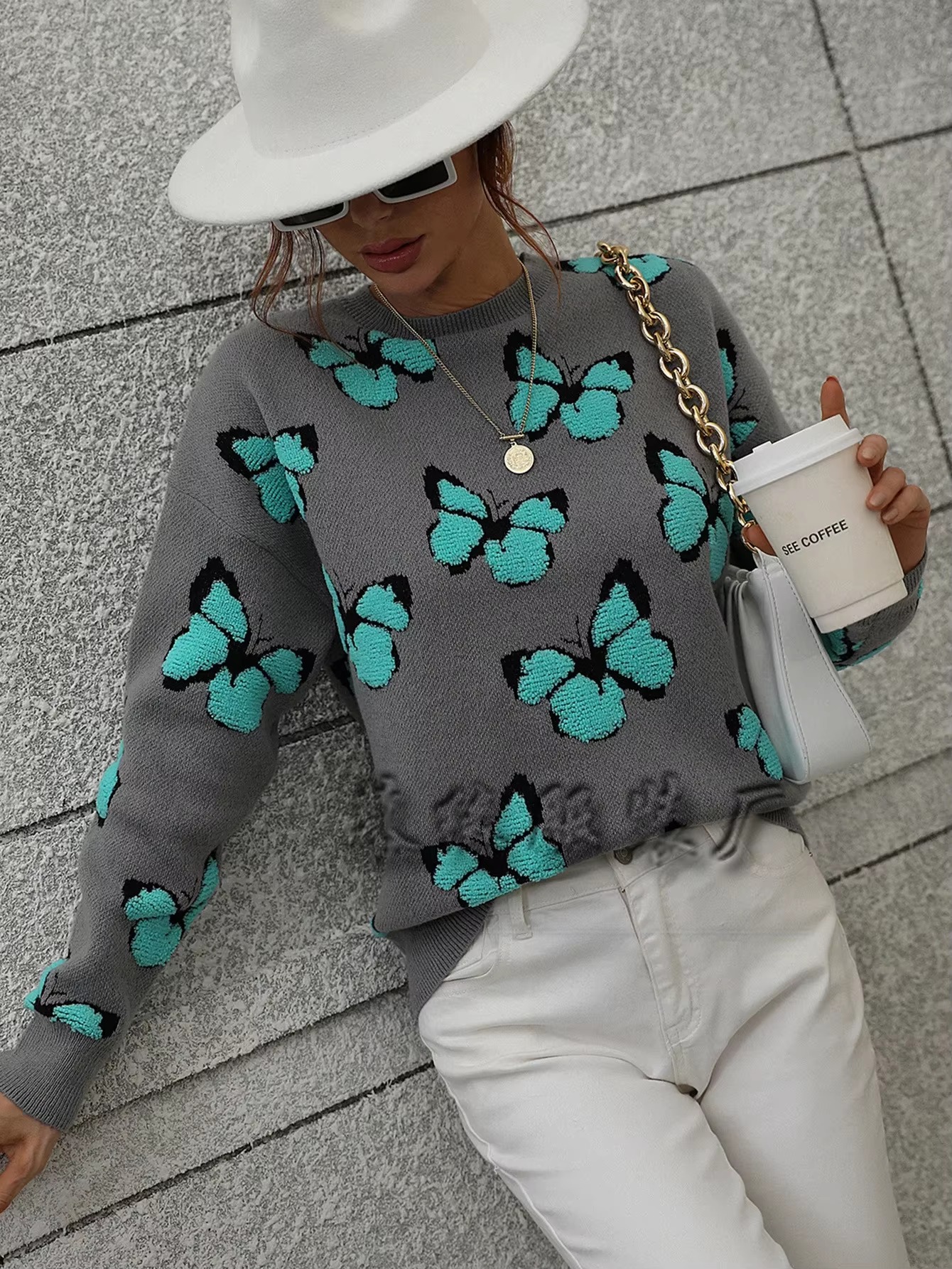 Butterfly Printed Crew Neck Large Size Knitted Pullover Sweater - Image 11
