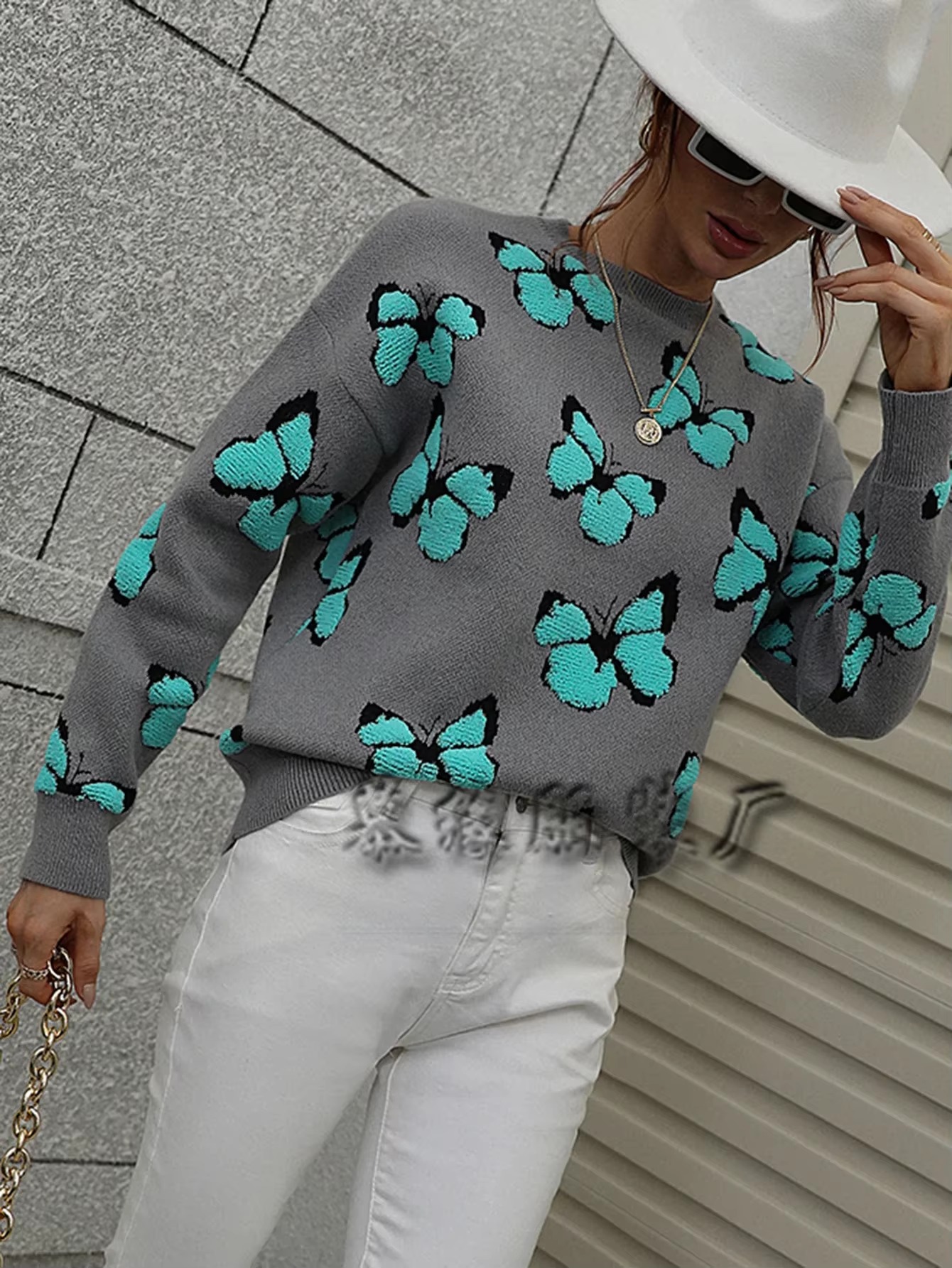 Butterfly Printed Crew Neck Large Size Knitted Pullover Sweater - Image 12