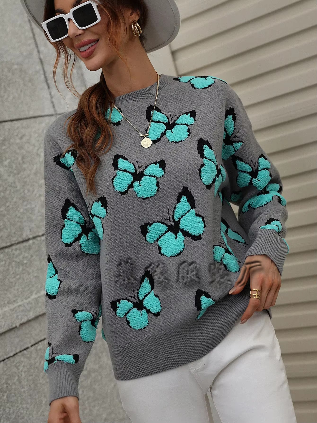 Butterfly Printed Crew Neck Large Size Knitted Pullover Sweater - Image 14