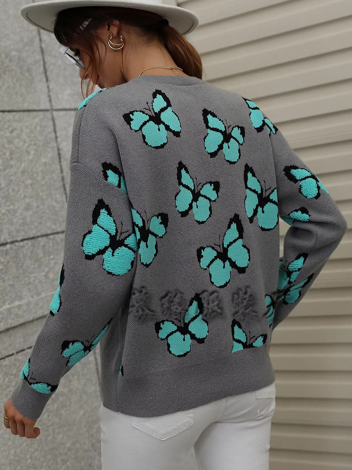 Butterfly Printed Crew Neck Large Size Knitted Pullover Sweater - Image 15