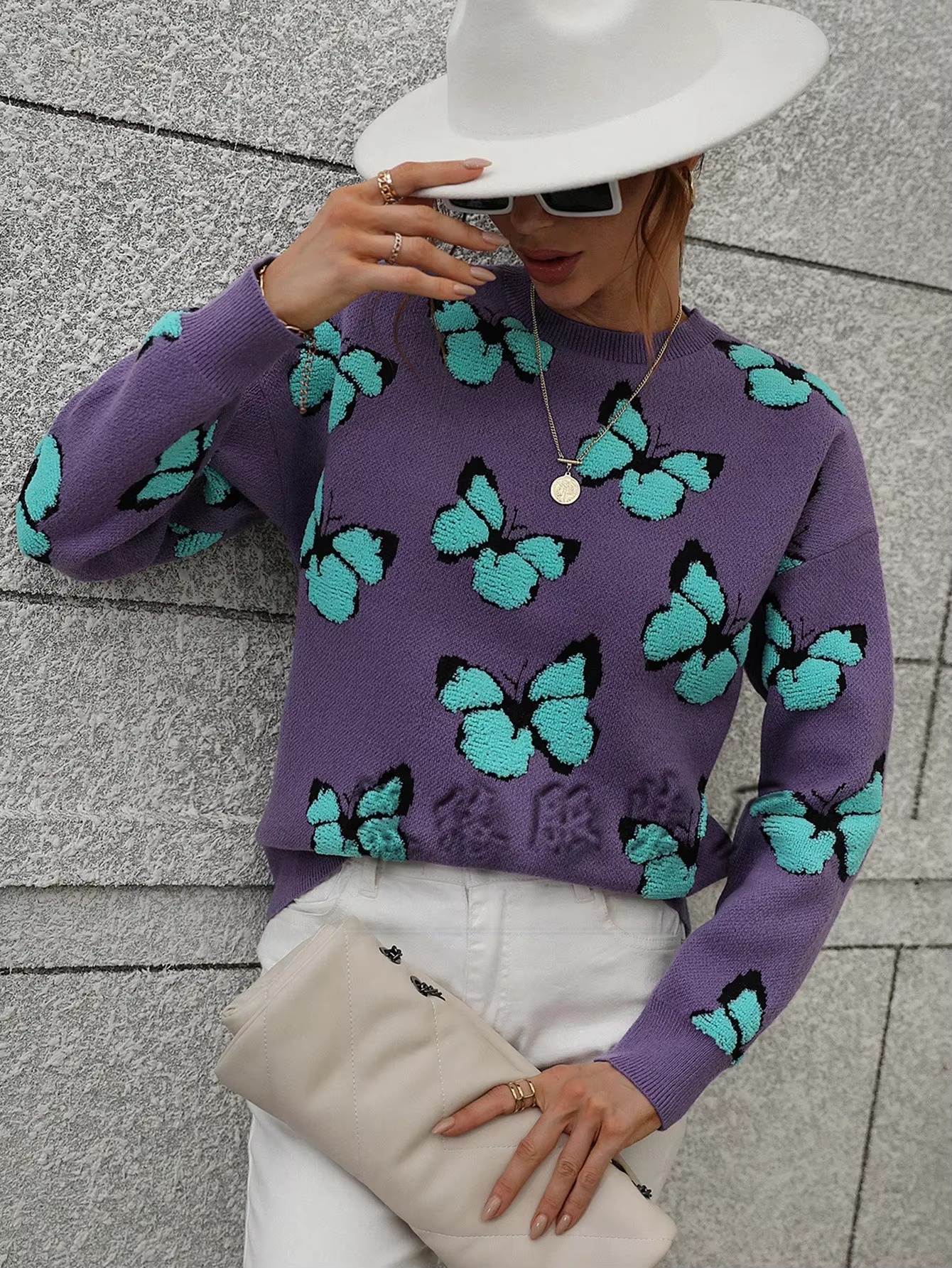 Butterfly Printed Crew Neck Large Size Knitted Pullover Sweater - Image 2