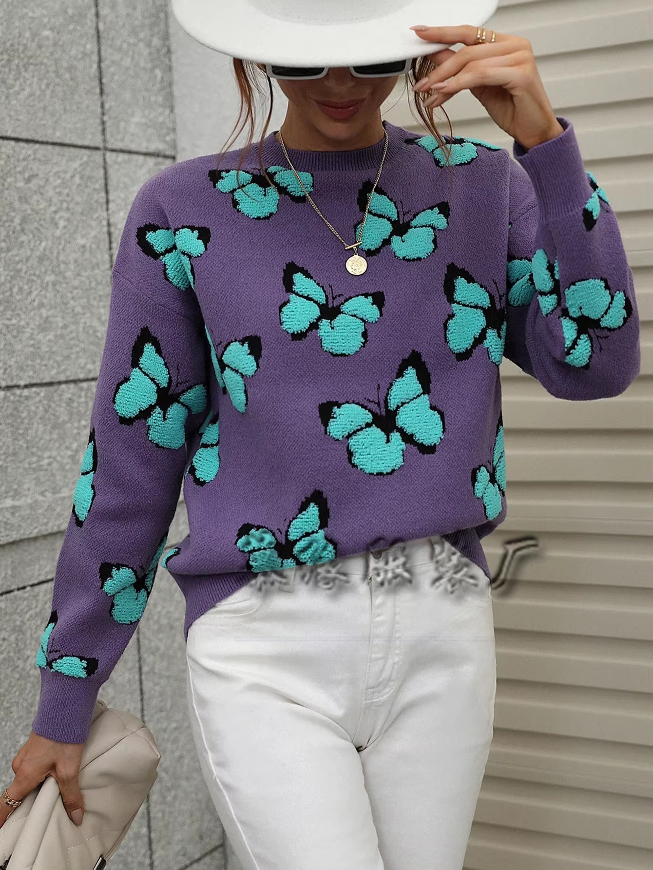 Butterfly Printed Crew Neck Large Size Knitted Pullover Sweater - Image 3