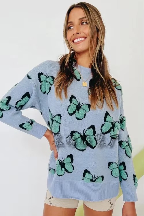 Butterfly Printed Crew Neck Large Size Knitted Pullover Sweater - Image 8