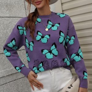 Butterfly Printed Crew Neck Large Size Knitted Pullover Sweater