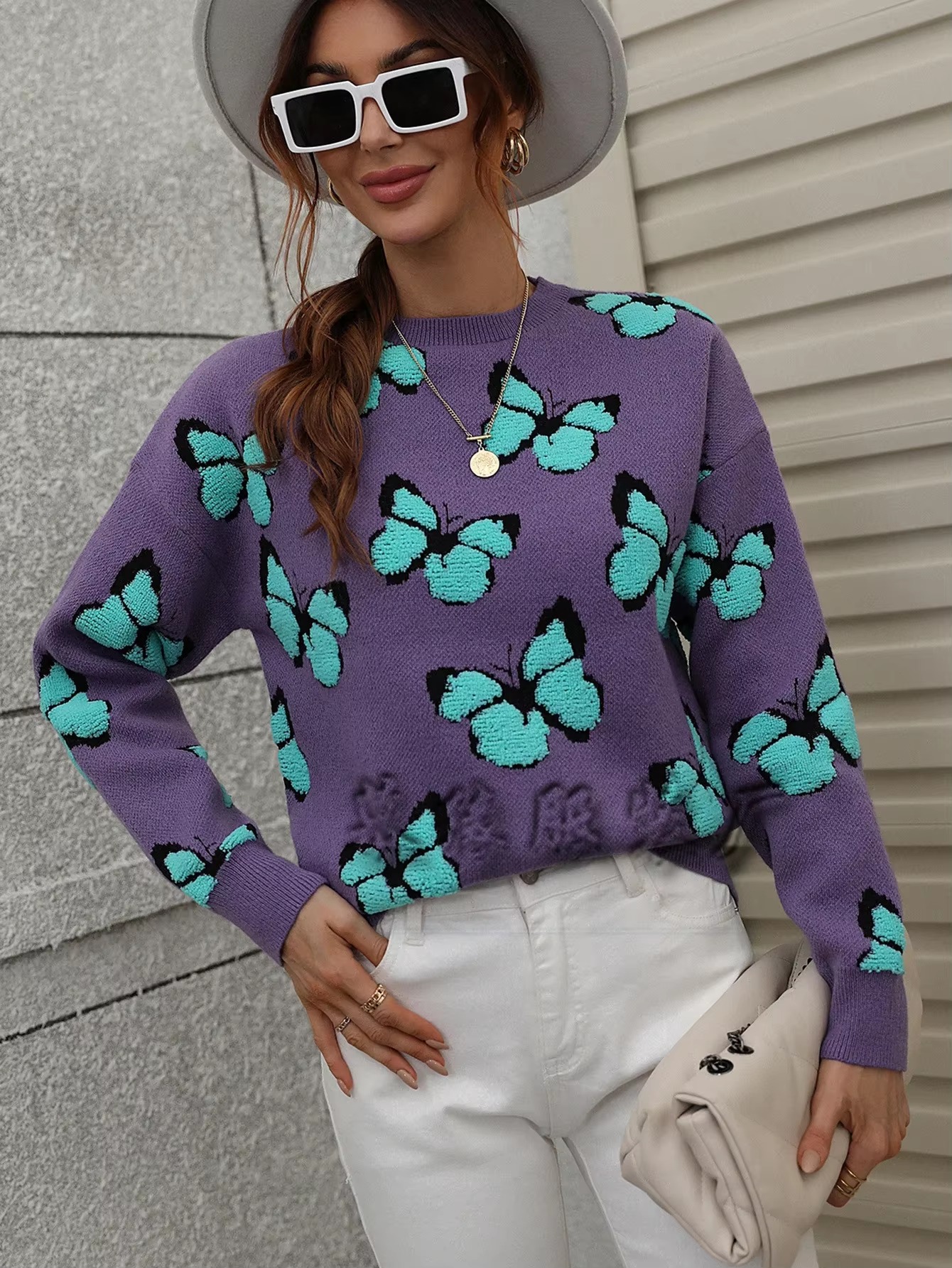 Butterfly Printed Crew Neck Large Size Knitted Pullover Sweater