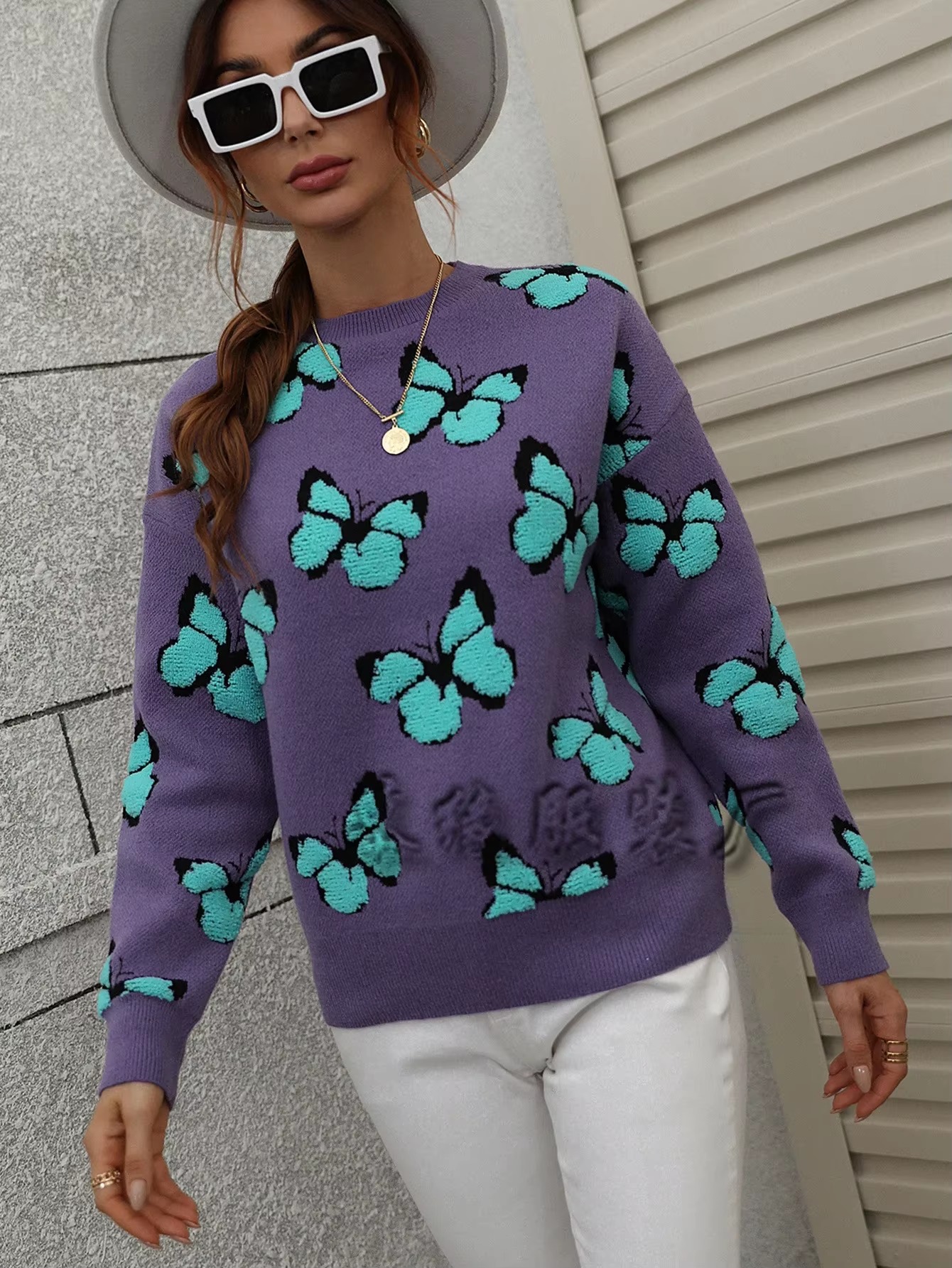 Butterfly Printed Crew Neck Large Size Knitted Pullover Sweater - Image 4
