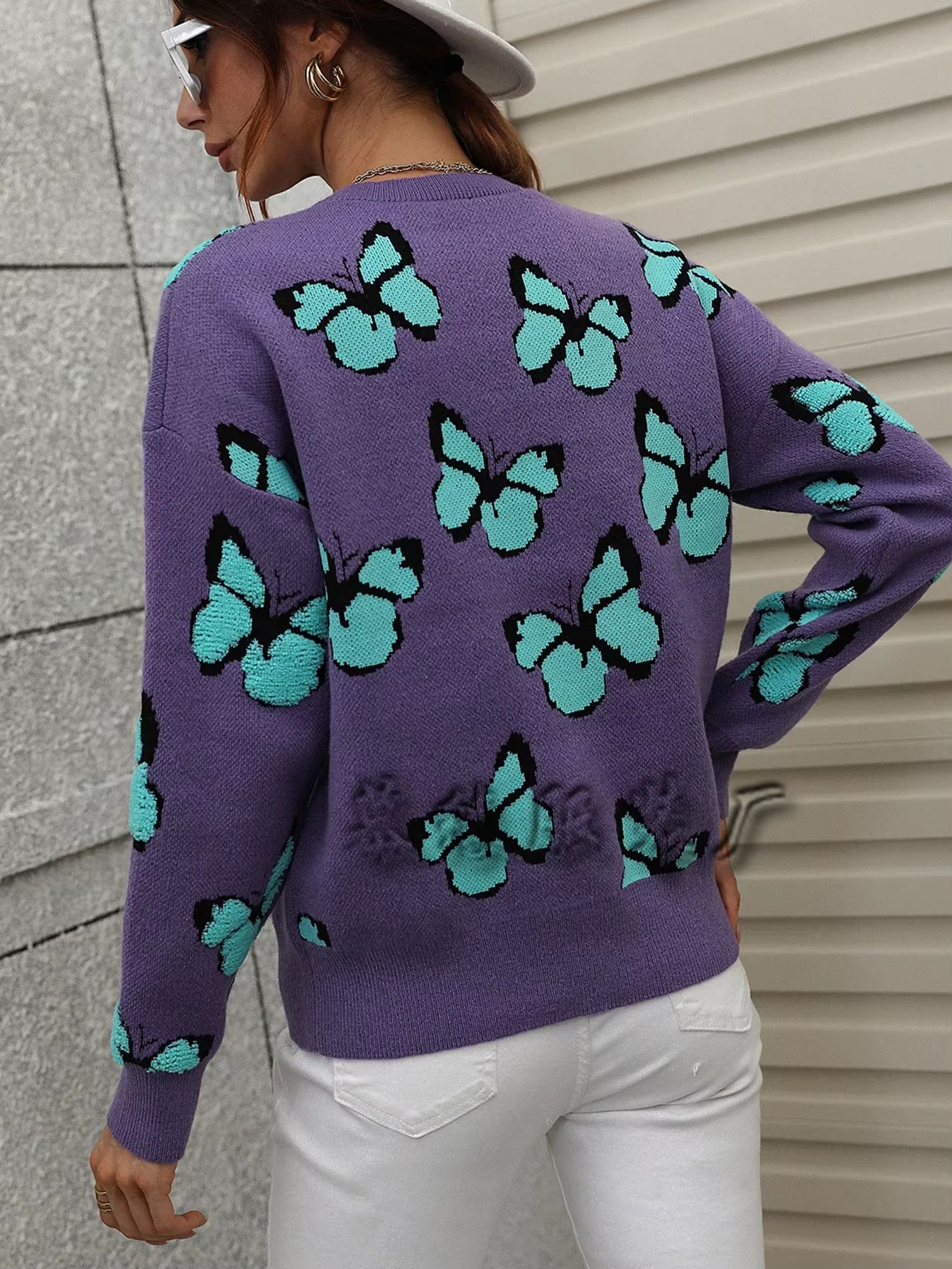 Butterfly Printed Crew Neck Large Size Knitted Pullover Sweater - Image 5
