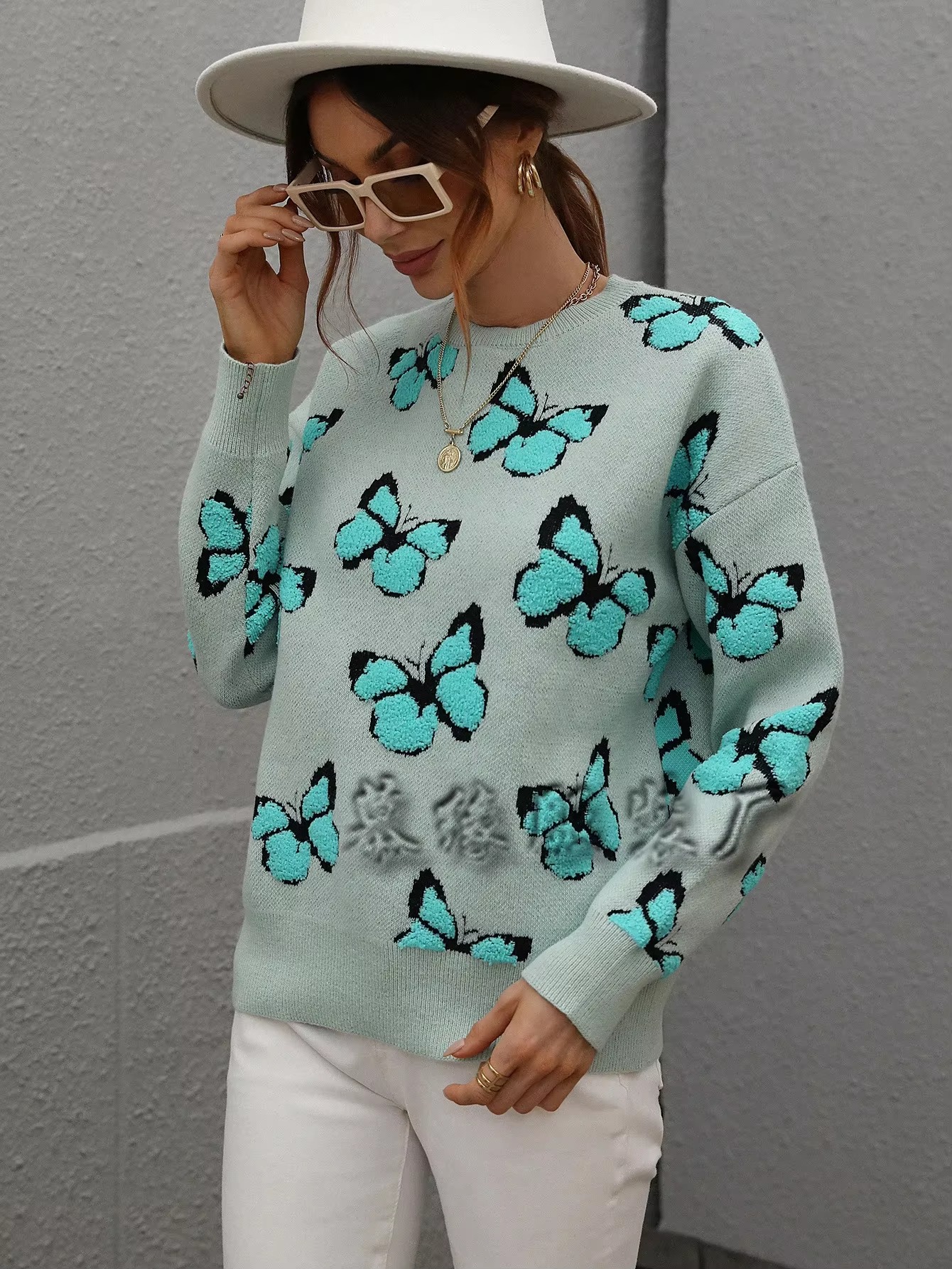 Butterfly Printed Crew Neck Large Size Knitted Pullover Sweater - Image 19