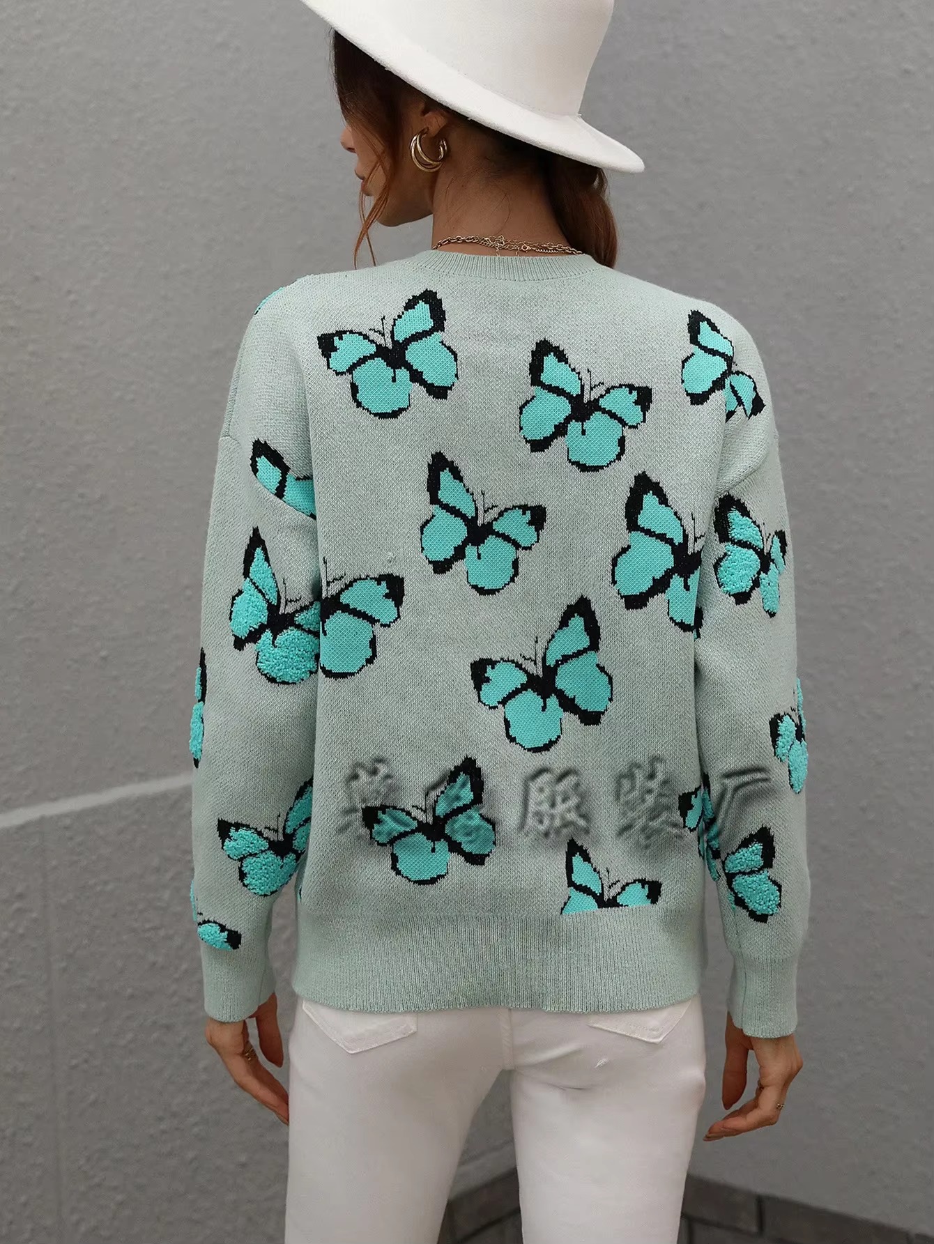 Butterfly Printed Crew Neck Large Size Knitted Pullover Sweater - Image 20