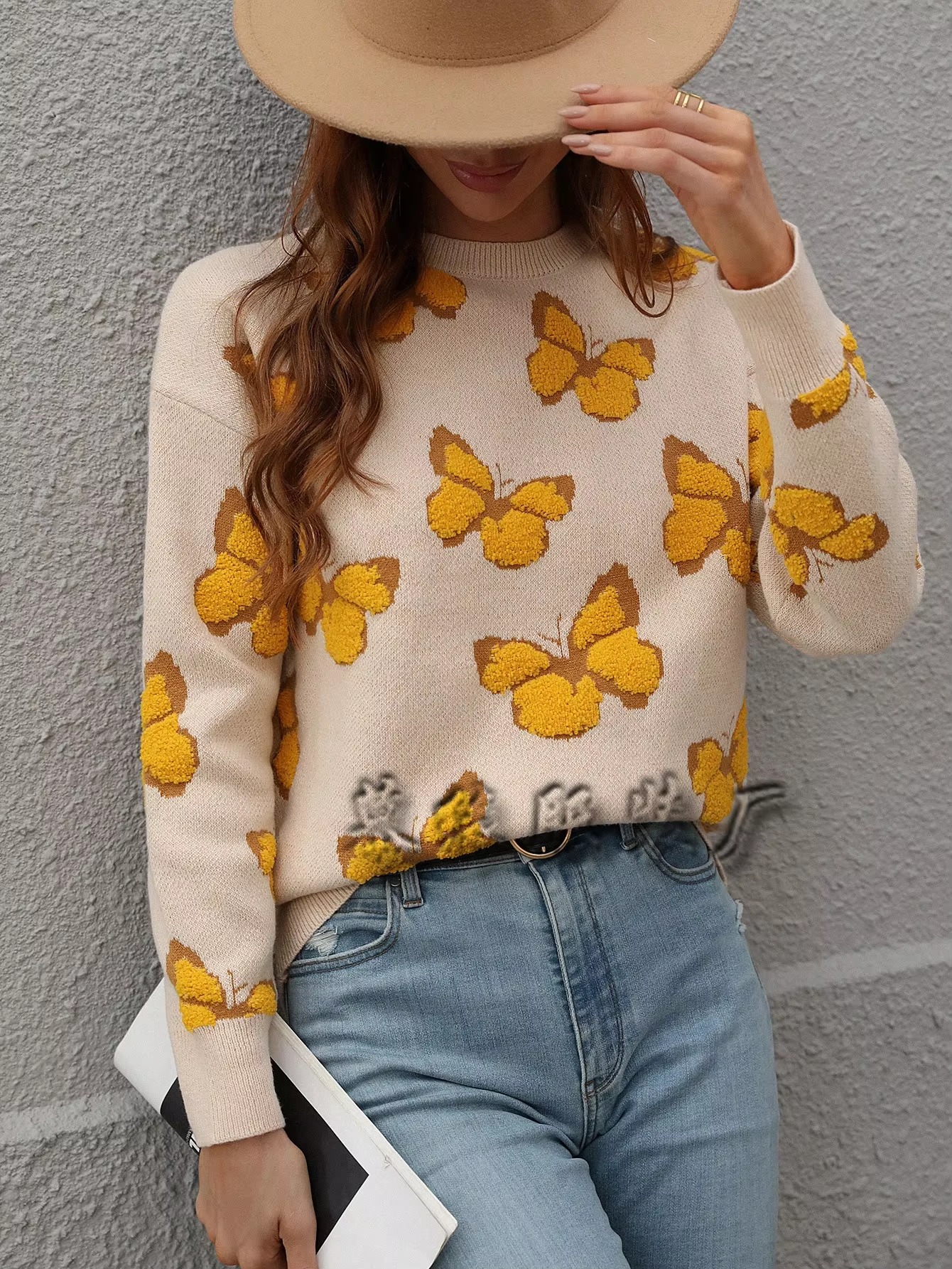 Butterfly Printed Crew Neck Large Size Knitted Pullover Sweater - Image 22