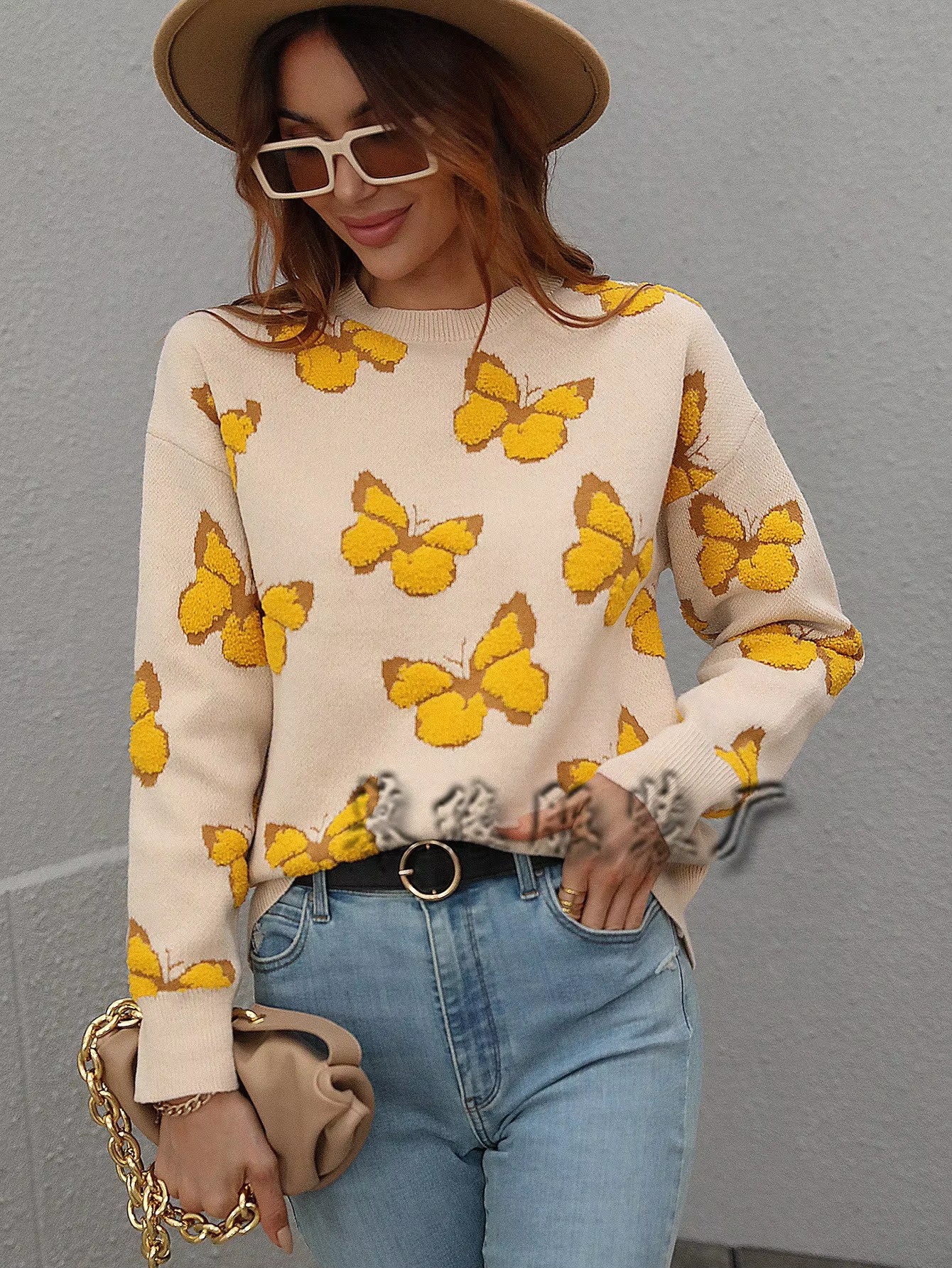 Butterfly Printed Crew Neck Large Size Knitted Pullover Sweater - Image 23