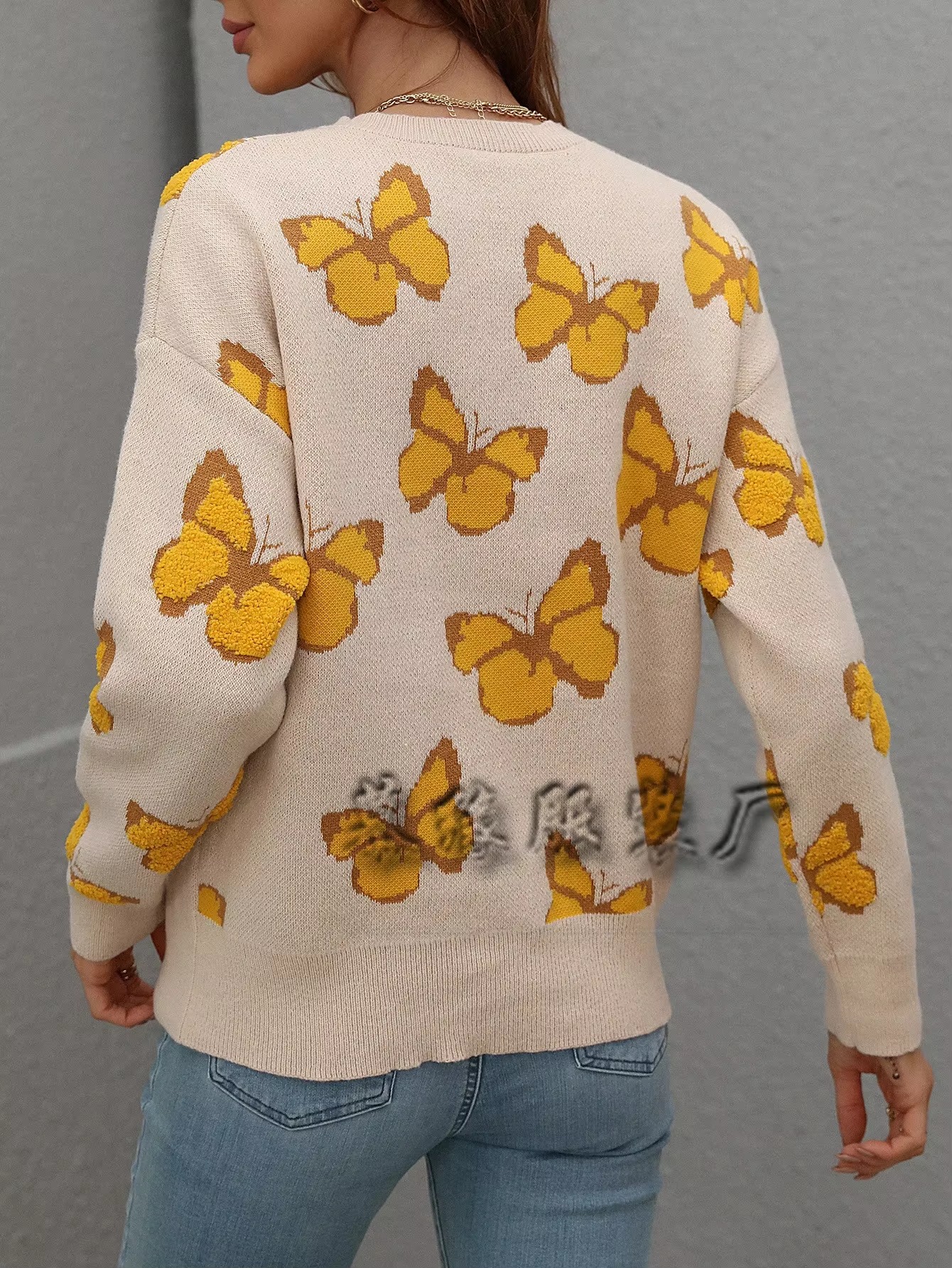 Butterfly Printed Crew Neck Large Size Knitted Pullover Sweater - Image 26