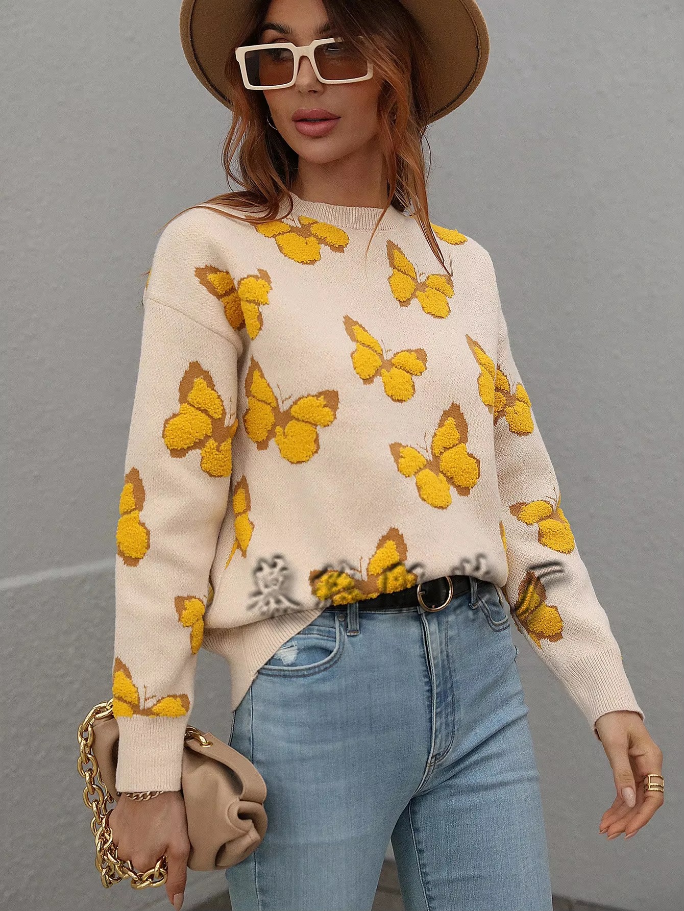 Butterfly Printed Crew Neck Large Size Knitted Pullover Sweater - Image 25