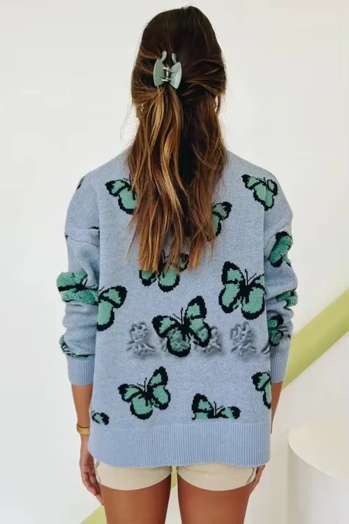 Butterfly Printed Crew Neck Large Size Knitted Pullover Sweater - Image 10