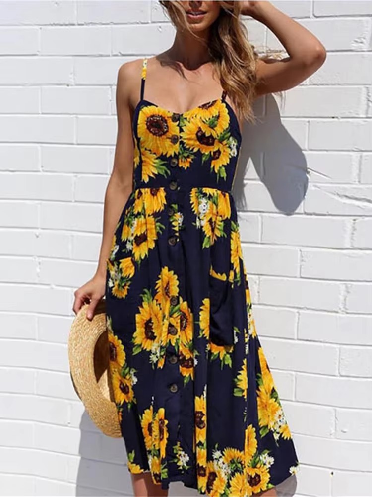 Buttons Up Striped Flower Spaghetti Strap Sleeveless A Line Midi Dresses - Image 9