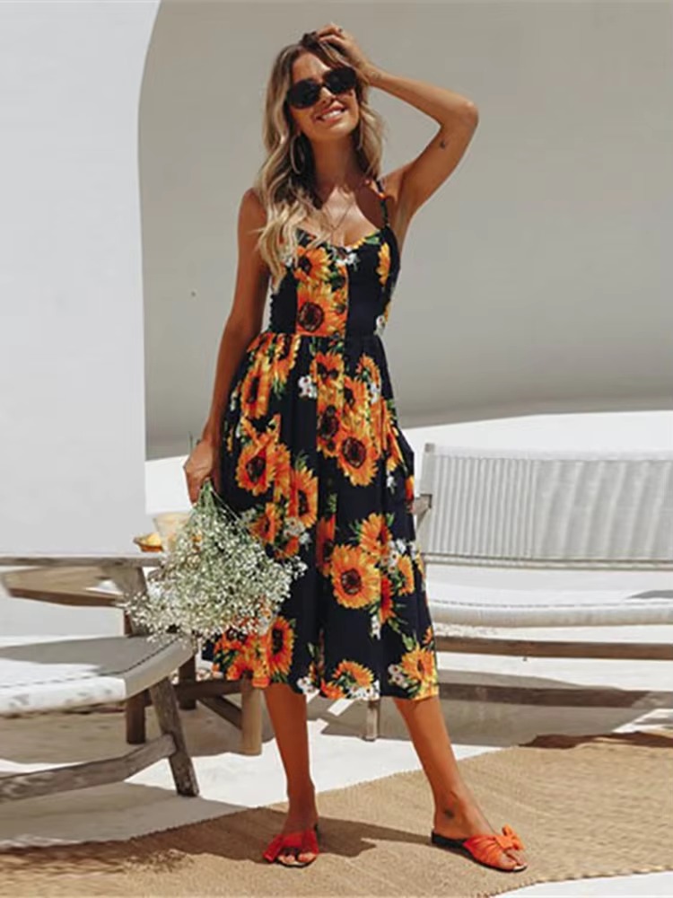 Buttons Up Striped Flower Spaghetti Strap Sleeveless A Line Midi Dresses - Image 4