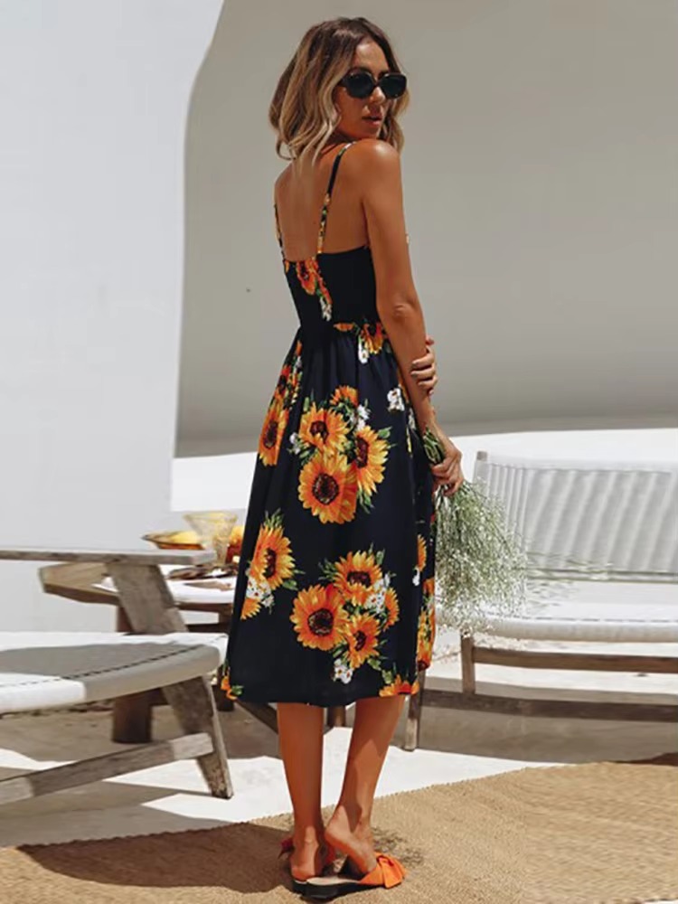 Buttons Up Striped Flower Spaghetti Strap Sleeveless A Line Midi Dresses - Image 5
