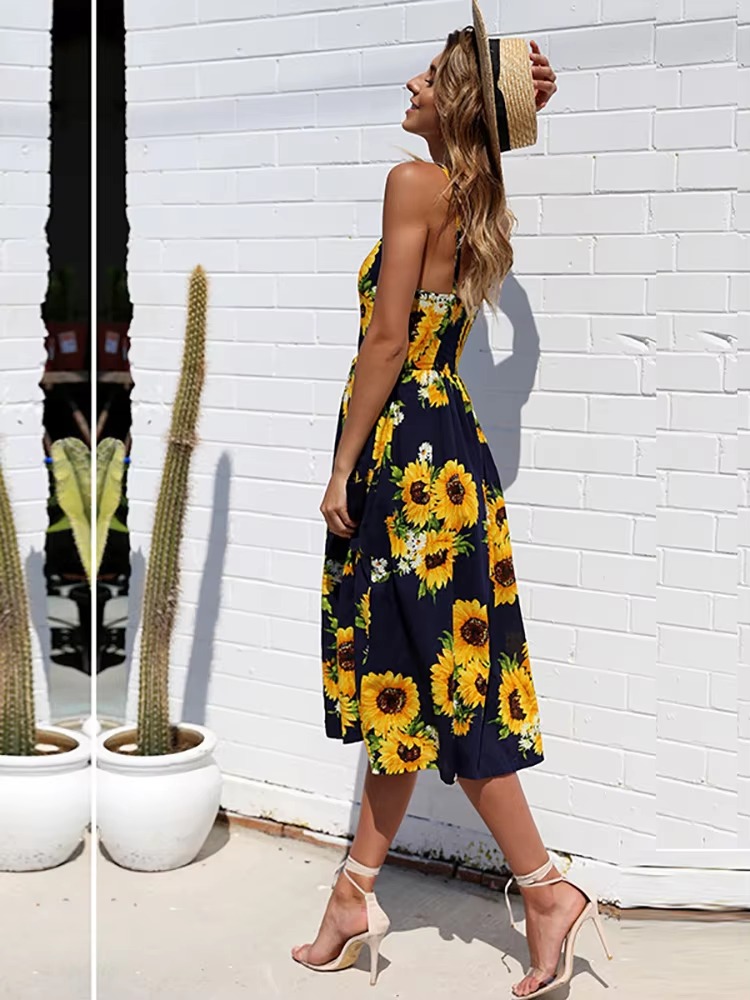 Buttons Up Striped Flower Spaghetti Strap Sleeveless A Line Midi Dresses - Image 11