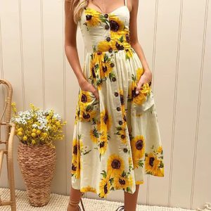 Buttons Up Striped Flower Spaghetti Strap Sleeveless A Line Midi Dresses