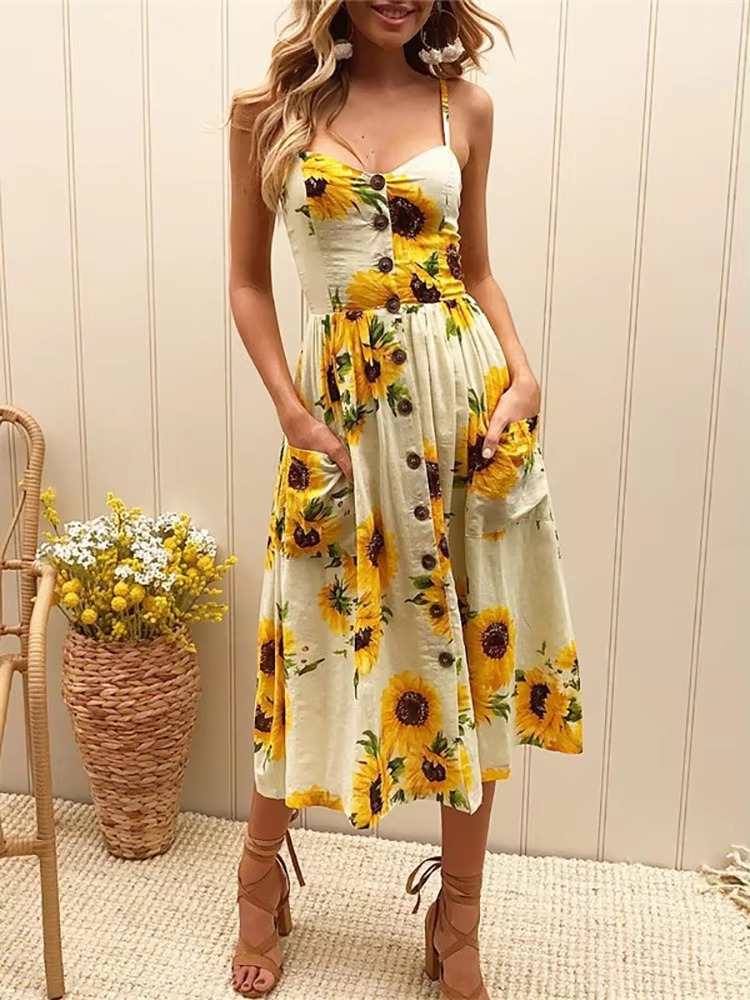 Buttons Up Striped Flower Spaghetti Strap Sleeveless A Line Midi Dresses