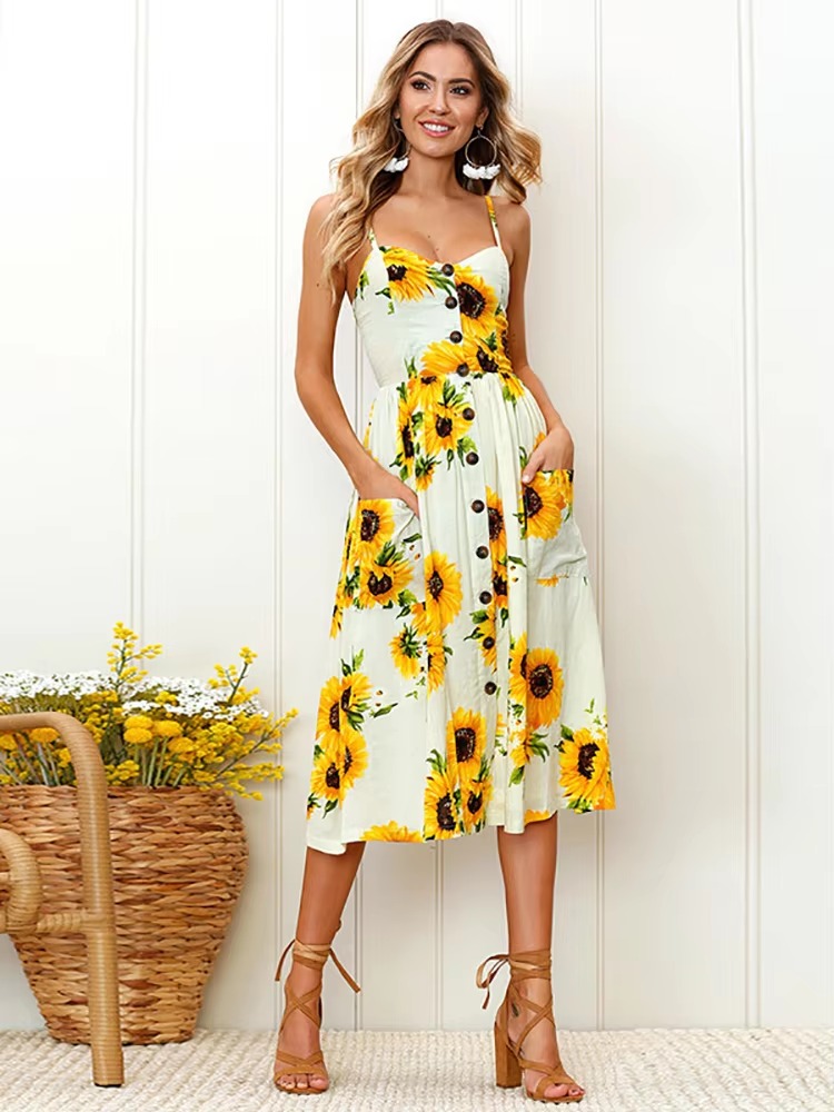 Buttons Up Striped Flower Spaghetti Strap Sleeveless A Line Midi Dresses - Image 2