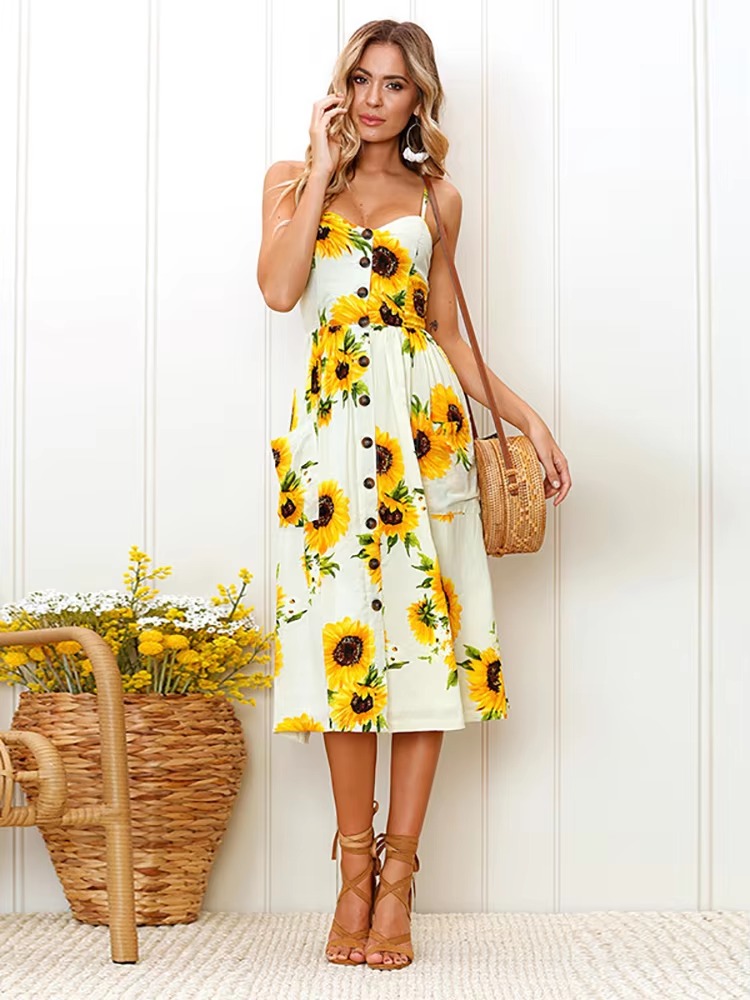 Buttons Up Striped Flower Spaghetti Strap Sleeveless A Line Midi Dresses - Image 3