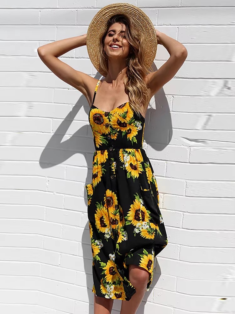 Buttons Up Striped Flower Spaghetti Strap Sleeveless A Line Midi Dresses - Image 6