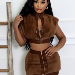 Cardigan Sleeveless Crop Top Mini Skirts Fluff Patchwork 2 Piece Set