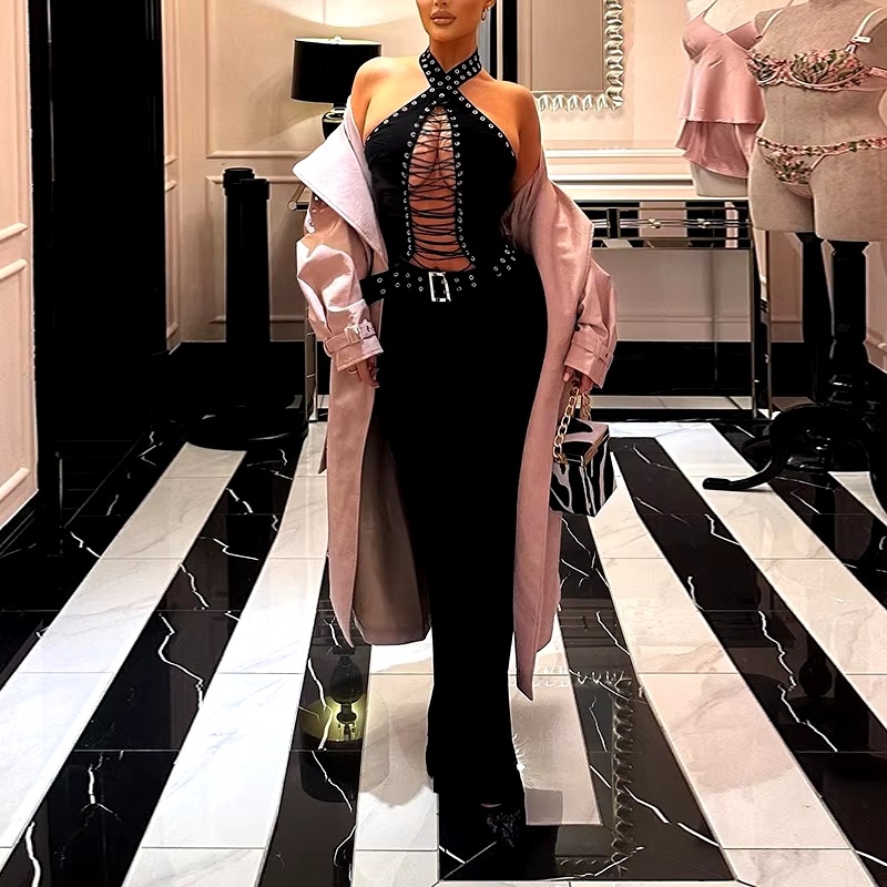 Casual Bandage Backless Sleeveless Hollow high Waist Long Jumpsuits - Image 3