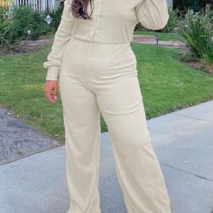 Casual Button Design Solid Color Cotton linen Wide Leg Loose Jumpsuits