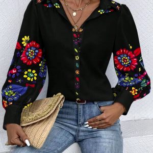 Casual Button Printed Lantern Long Sleeve Loose Shirt