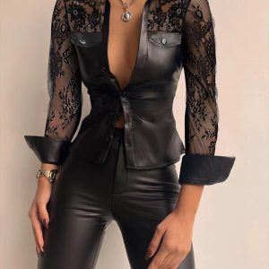 Casual Buttoned Long Sleeve Pocket PU Leather Sheer Mesh Design Skinny Blouse Top