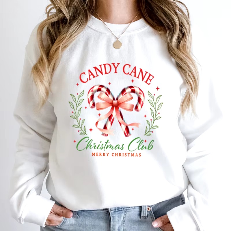 Casual Candy Cane Christmas Print Pullovers Loose Hoodless - Image 2