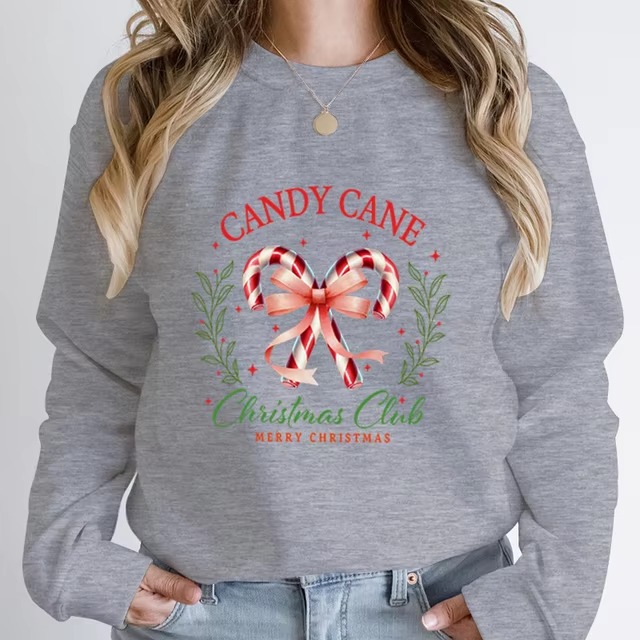 Casual Candy Cane Christmas Print Pullovers Loose Hoodless - Image 12