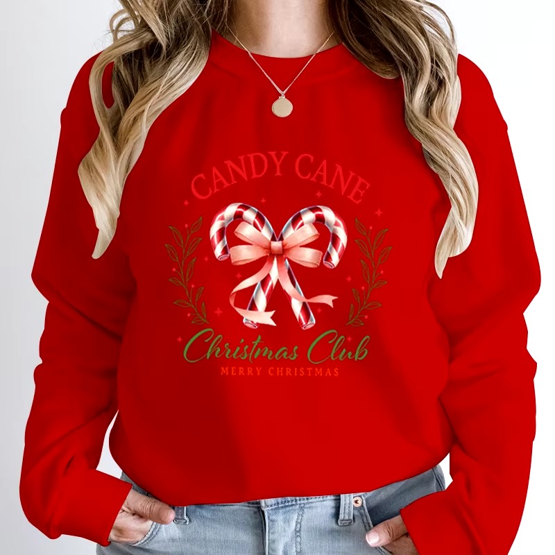 Casual Candy Cane Christmas Print Pullovers Loose Hoodless - Image 4