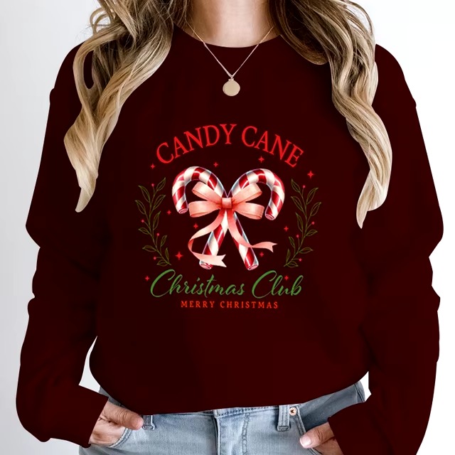 Casual Candy Cane Christmas Print Pullovers Loose Hoodless - Image 13