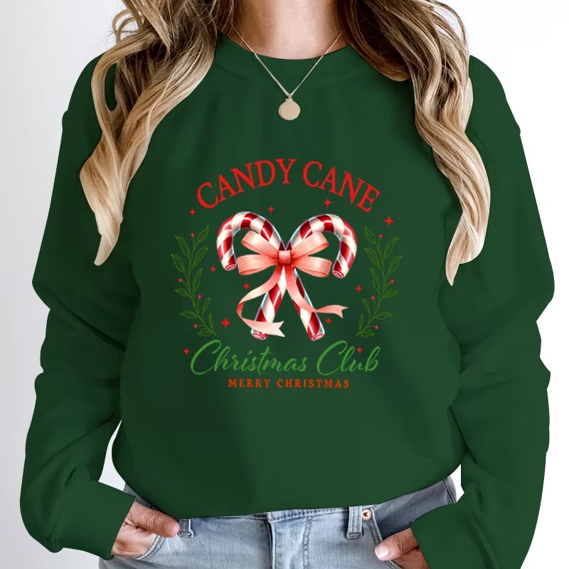 Casual Candy Cane Christmas Print Pullovers Loose Hoodless - Image 6