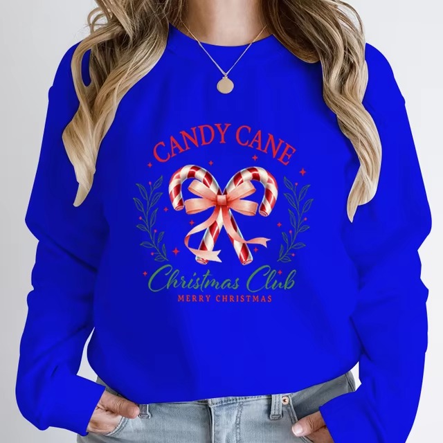 Casual Candy Cane Christmas Print Pullovers Loose Hoodless - Image 10