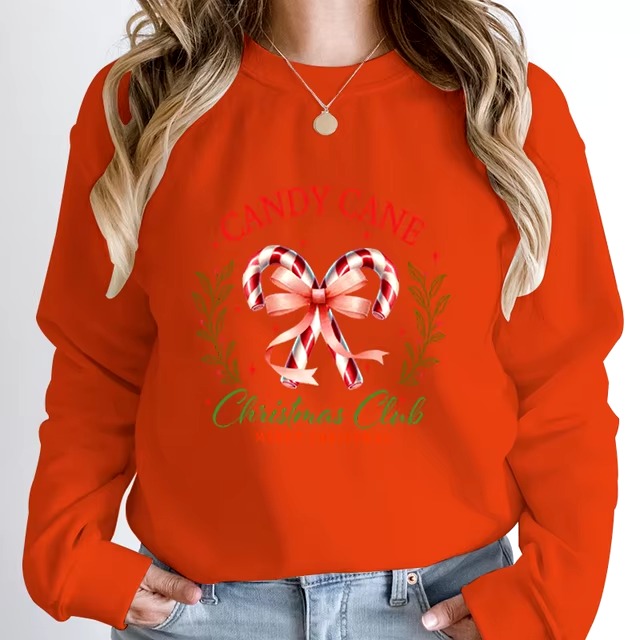 Casual Candy Cane Christmas Print Pullovers Loose Hoodless - Image 11