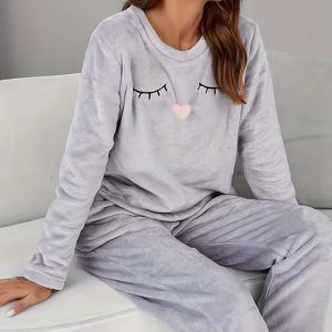 Casual Cozy Print Fluffy Pant And Top 2 Piece Pajamas Set