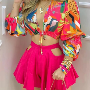 Casual Deep V-Neck Printed Lantern Sleeve Top and Waist Hollowed Out Shorts Two-Piece Set