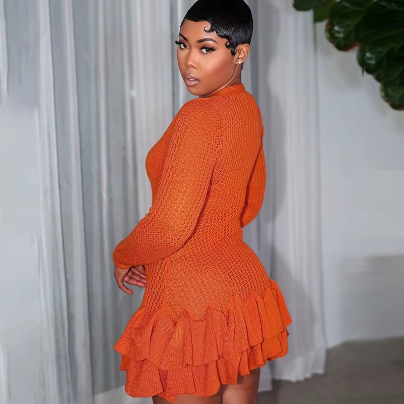 Casual Deep V-Neck Full Sleeve Knitted Mini Tierred Dresses - Image 6