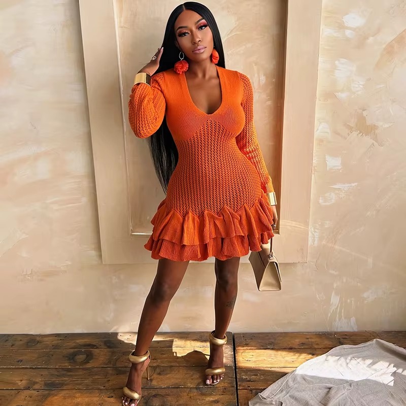 Casual Deep V-Neck Full Sleeve Knitted Mini Tierred Dresses