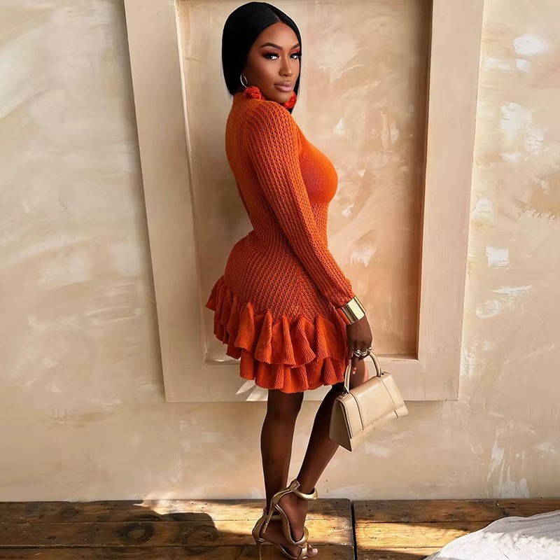 Casual Deep V-Neck Full Sleeve Knitted Mini Tierred Dresses - Image 3