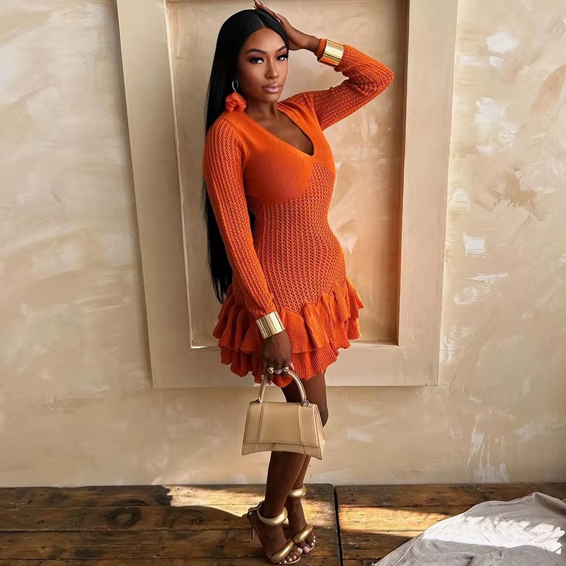 Casual Deep V-Neck Full Sleeve Knitted Mini Tierred Dresses - Image 2